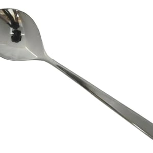 May include: A silver spoon with a rounded bowl and a long, slender handle.