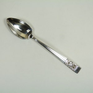 May include: A silver spoon with an ornate handle. The spoon has a rounded, slightly pointed bowl.