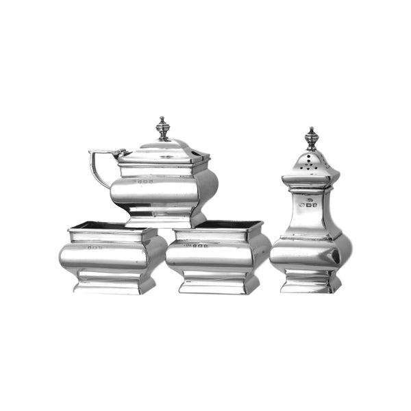 ANTIQUE - Sterling Silver - Roberts and Dore 4 Piece Art Deo Cruet Set - 1924