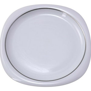 May include: A white ceramic plate with a silver rim. The plate is oval shaped and has a slightly raised edge.