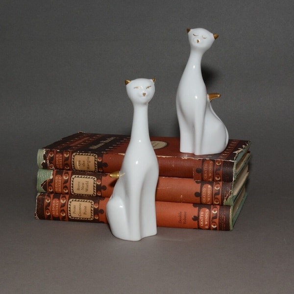 Pair HOLLOHAZA Porcelain Hungary Long Neck CAT Figures