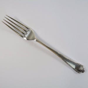 May include: A silver fork with a decorative handle. The fork has four tines and a long, slender handle.