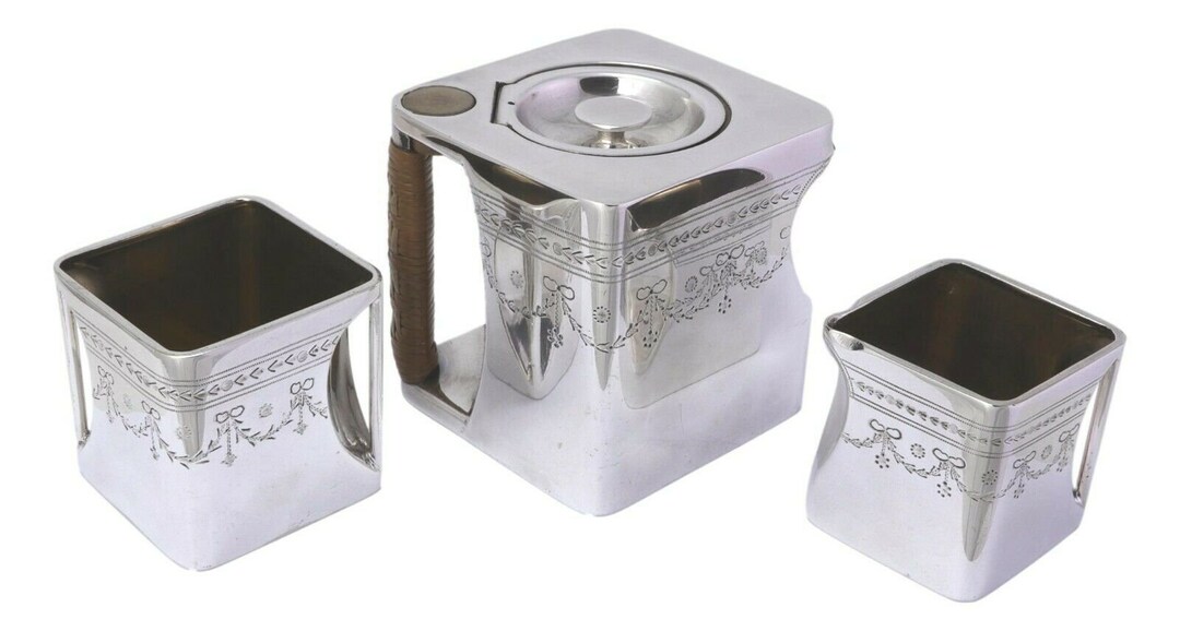 Cube Teapots Ltd Silver Plate Cunard / Shipping the Cube Rare 3 Piece