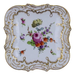 DRESDEN Porcelain Germany Square Dish / Plate FLORAL Gilded Hand Painted c1900