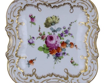 DRESDEN Porcelain Germany Square Dish / Plate FLORAL Gilded Hand Painted c1900