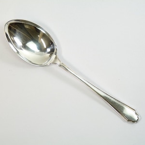 May include: A silver spoon with a rounded bowl and a simple, elegant design. The spoon has a slightly flared handle with a rounded end.