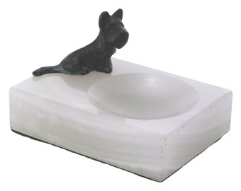 Art Deco Onyx Marble Ashtray / Coin Tray Bronze Terrier Scottie Dog