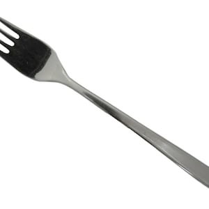 May include: A silver fork with a long, slender handle. The fork has four tines and a smooth, polished finish.