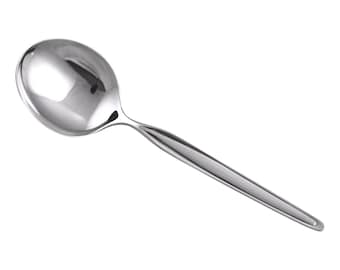 May include: A silver spoon with a rounded bowl and a long, slender handle.