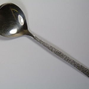 May include: A silver spoon with a textured handle. The spoon has a rounded bowl and a long, slender handle.