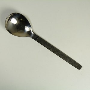 May include: A silver spoon with a rounded bowl and a long, slender handle.