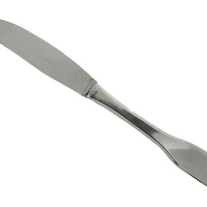 May include: A silver dinner knife with a rounded handle and a slightly curved blade.