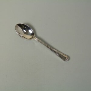 May include: A silver teaspoon with a rounded bowl and a simple design.