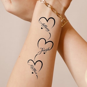 Custom Temporary Tattoo, Hearts With Kids Names (Set of 3)