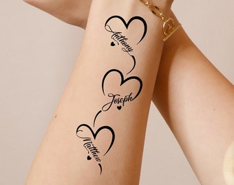 Tatuaje temporal personalizado, corazones con nombres de niños (conjunto de 3)