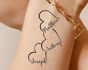 Custom Temporary Tattoo, Hearts With Kids Names (Set of 3)