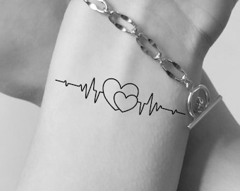 Tatuaje temporal de latidos del corazón: línea de electrocardiograma con corazones, tatuaje conmemorativo (juego de 3)