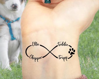 Tatuajes temporales personalizados con el símbolo del infinito, nombres de mascotas, huellas de patas o para recordar a una mascota fallecida (juego de 3).