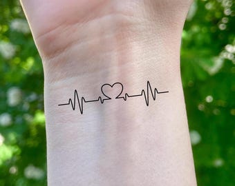 Tatuaje temporal con diseño de latido cardíaco - Electrocardiograma, juego de 3