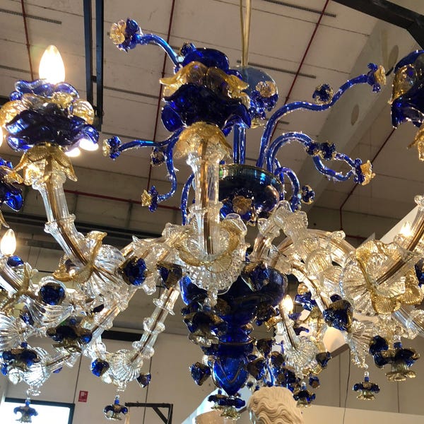 Cup or bowl , spare parts or replacements for chandeliers by Venini, Mazzega, Seguso, Arlecchino, in Murano blown glass, blue and gold color