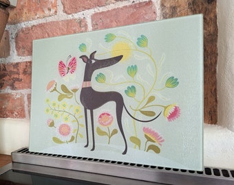 Freddie the Tripod Glass Chopping Board for Greyhound, Whippet, Lurcher, Galgo & Rescue Dog Lovers