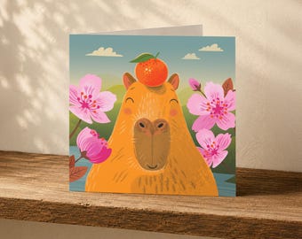 Cappyness Greeting Card. Zen Capybara & Cherry Blossom Cuteness!