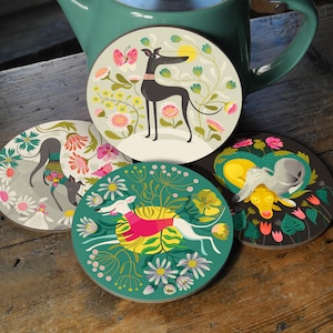 Happy Hounds Coaster Set of 4 Designs, for Greyhound, Whippet, Lurcher, Galgo, Podenco, Sighthound & Rescue Dog Owners