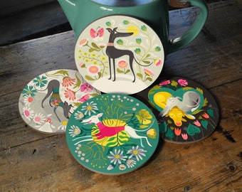 Happy Hounds Coaster Set of 4 Designs, for Greyhound, Whippet, Lurcher, Galgo, Podenco, Sighthound & Rescue Dog Owners