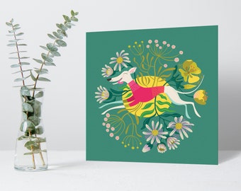 Snowy Whippet Greeting Card: Floral Sighthound Design