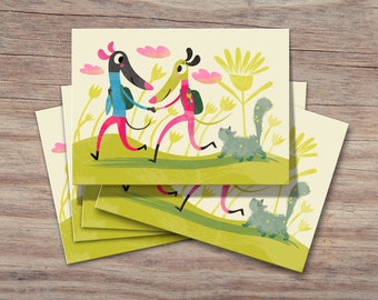 Sighthound Greeting Cards: Trotting Hounds & Cat Design - Pack of 5