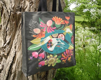 Flowerbed Cotton Tote Bag, Hound-Lover's Gift With Whippets Greyhounds, Lurchers, Galgos, Sighthounds, Squirrel. Vegan-Friendly