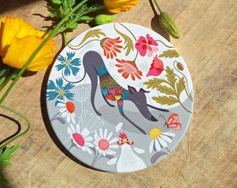 Ceramic Coaster, Greta Greyhound, Sweet Gift for Sighthound, Whippet, Lurcher, Galgo & Rescue Dog owners