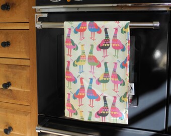 Peacocks Tea Towel, 100% Cotton with 'Haughty Peacocks' Fabric on a Cream Background