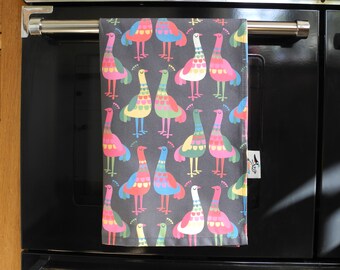 Peacocks Tea Towel, 100% Cotton with 'Haughty Peacocks' Fabric on a Charcoal Background