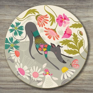 Greta Greyhound Coaster: Playful Dog & Hen Design