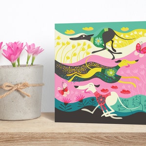 Zoomies Greyhound Greeting Card: Playful Dog Art