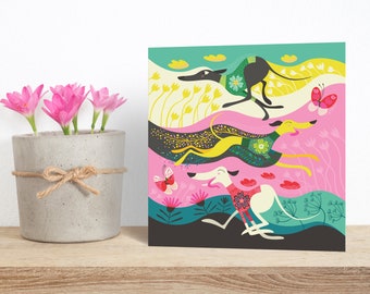 Zoomies Greyhound Greeting Card: Joyful Sighthound Artwork