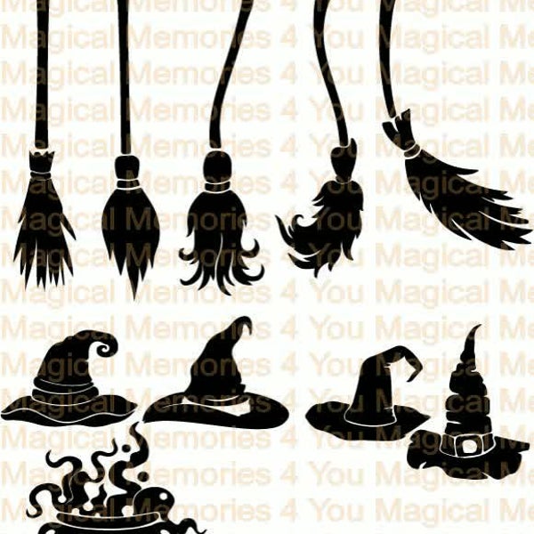 Witches accessories - broom sticks, witches hats, bubbling cauldron, halloween cut file, digital downland, instant file, sublimation ready