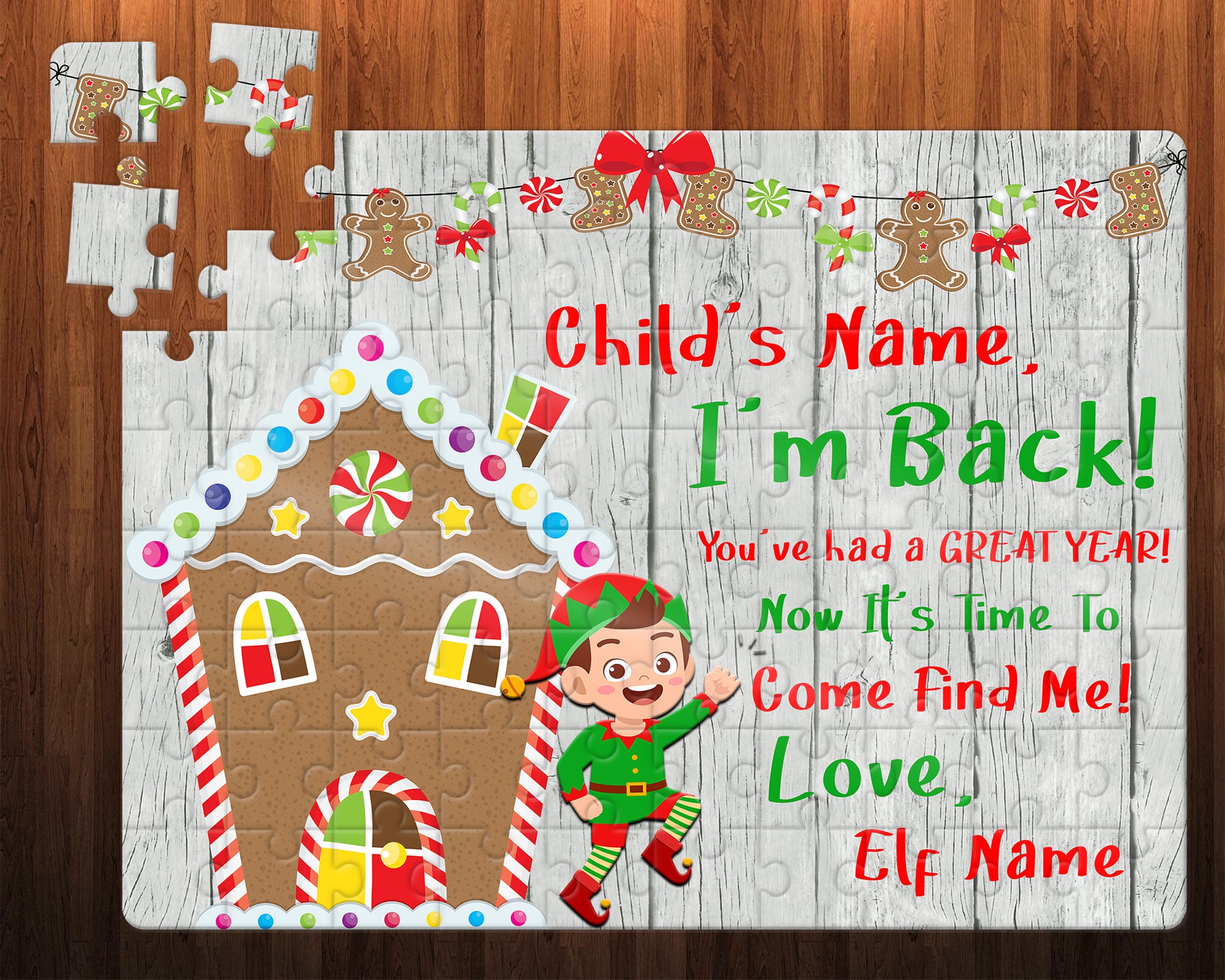 Childrens Custom Puzzle Personalized Puzzle Gingerbread House with Christmas Lights and Elf Kid Gift Elf Return Christmas Elf Puzzle 