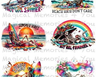 Summer Themed Waterslide Decal, Skeleton Decals  Laser Printed Waterslide Set, Beach Waterslides, Decals for Tumblers,  waterslide decal