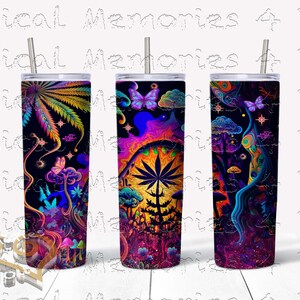 May include: Three stainless steel tumblers with colorful psychedelic designs featuring mushrooms, leaves, and a butterfly. The designs are in shades of purple, blue, green, and yellow.