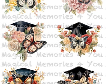 Butterfly with flowers and graduation cap waterslide decals, clear waterslide decals, laser printed waterslide decals for tumblers