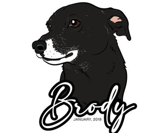 May include: A black and white illustration of a dog named Brody. The dog is looking to the left and has a white patch on its face. The text "Brody, January 2018" is below the dog.