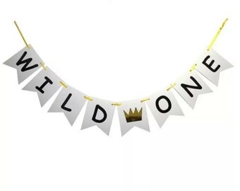 WILD ONE Premier 1er Anniversaire bannière bruant blanc avec des lettres d'or couronne métallique décorations de fête d'anniversaire Garçons