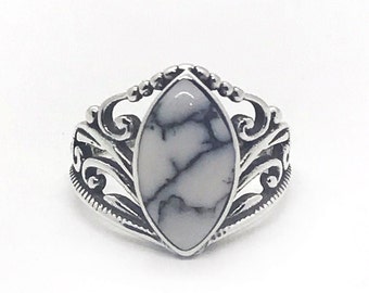 Sterling Silver Oval White Buffalo Turquoise Ring #562 with Antiqued Fleur de Vin setting