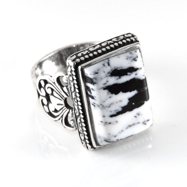 Sterling Silver Rectangle Cut White Buffalo Style Ring #506| Handmade Holiday Gifts for her/women, Men, Girls | Unique Fashion