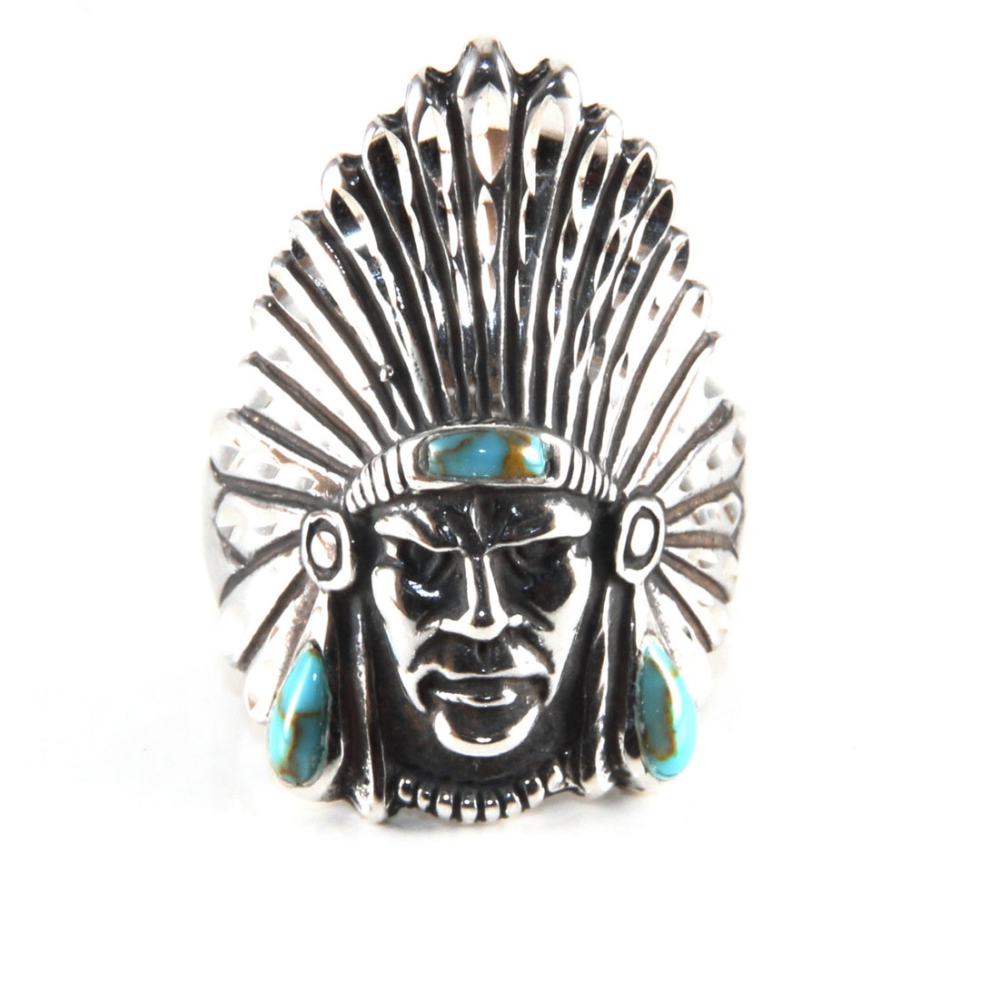 Sterling Silver Indian Chief Statement Ring in Turquoise, White Buffalo ...