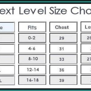 May include: Size chart for clothing with columns for size, fits, chest, and length. The chart shows sizes S, M, L, XL, and 2XL with corresponding measurements in inches.