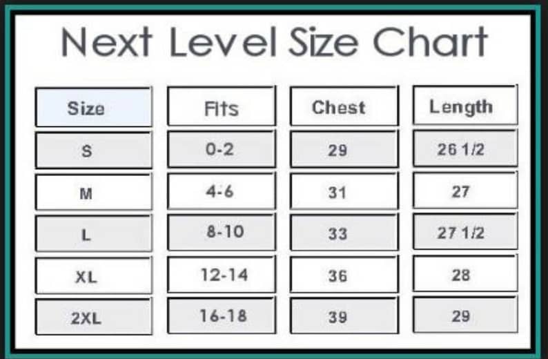 May include: Size chart for clothing with columns for size, fits, chest, and length. The chart shows sizes S, M, L, XL, and 2XL with corresponding measurements in inches.