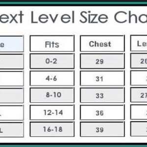 May include: Size chart for clothing with columns for size, fits, chest, and length. The chart shows sizes S, M, L, XL, and 2XL with corresponding measurements in inches.